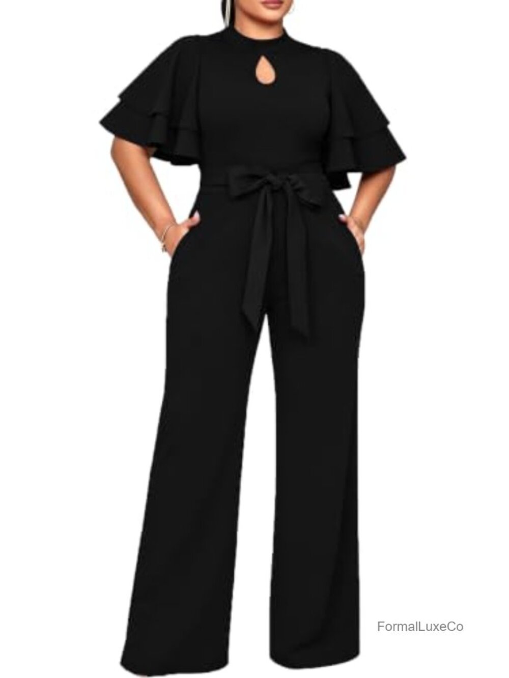 Women's Loose Ruffle Sleeve Belted Wide Leg Jumpsuit Romper with Pockets